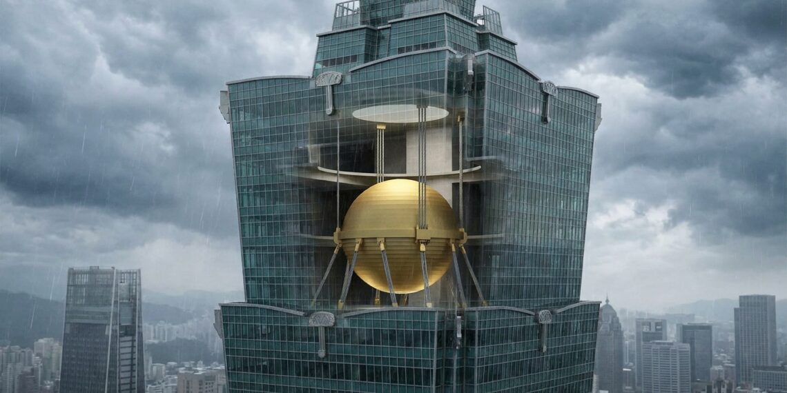 Ilustração do amortecedor de massa do Taipei 101 movimentando-se para ajudar a reduzir as oscilações causadas pelo vento.