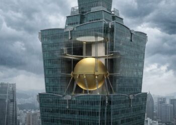 Ilustração do amortecedor de massa do Taipei 101 movimentando-se para ajudar a reduzir as oscilações causadas pelo vento.