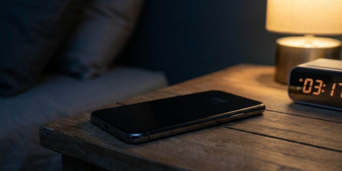 Smartphone com a tela desligada sobre uma mesa de cabeceira durante a noite.