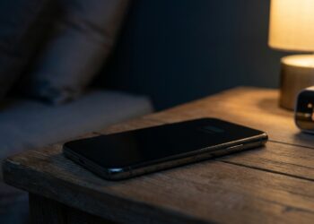Smartphone com a tela desligada sobre uma mesa de cabeceira durante a noite.