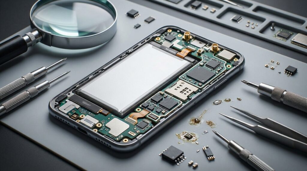Componentes internos de um smartphone expostos em uma bancada de manutenção eletrônica.