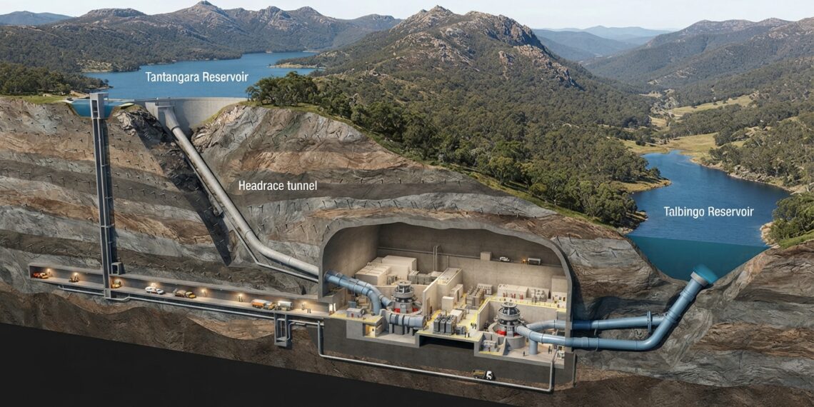 Corte da montanha mostra dois reservatórios ligados por túneis e uma usina subterrânea na Austrália.