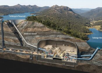 Corte da montanha mostra dois reservatórios ligados por túneis e uma usina subterrânea na Austrália.