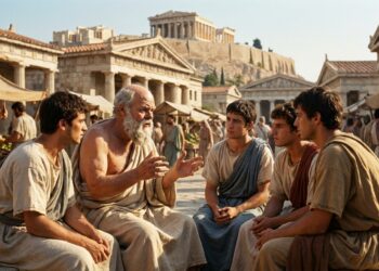 Representação artística de Sócrates conversando com um companheiro em um pátio da Grécia Antiga, simbolizando a confiança e a amizade verdadeira.