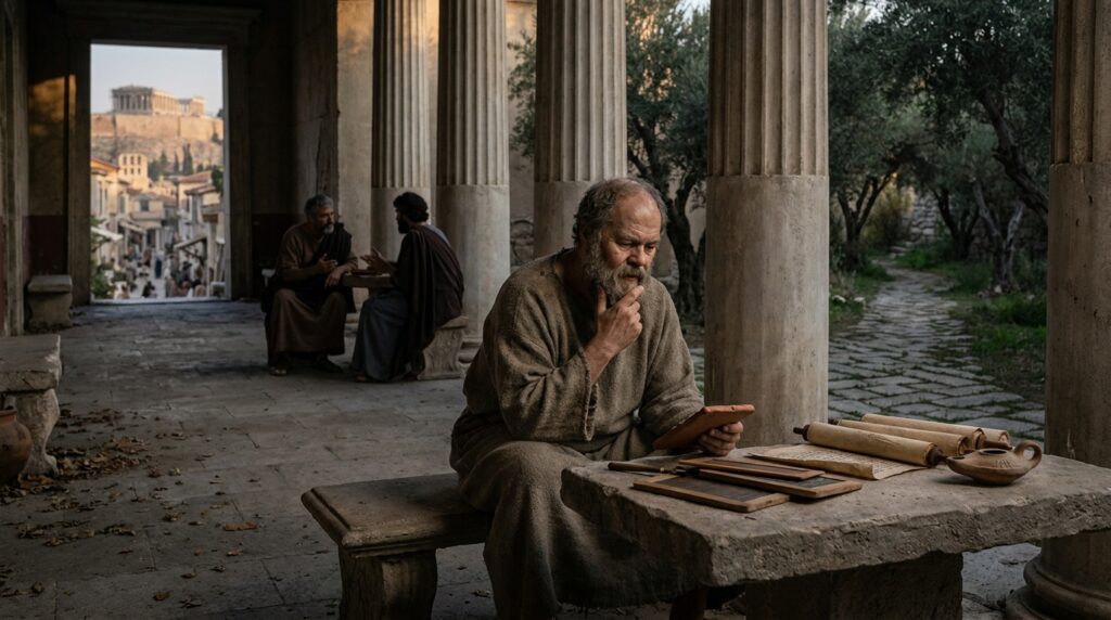 Sócrates reflete em um pátio de Atenas diante de diferentes caminhos.