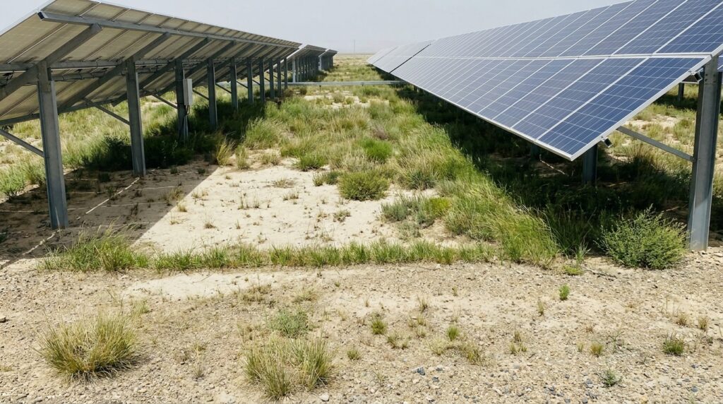 Parque solar em área árida da China cria zonas de sombra com solo mais fresco e vegetação esparsa.