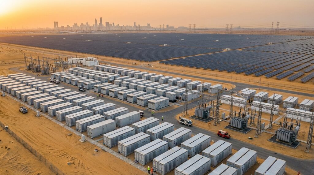 Milhares de painéis solares ocupam uma extensa área do deserto de Abu Dhabi.