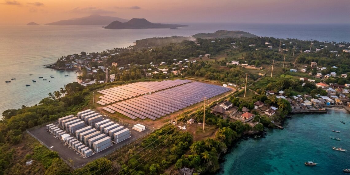 Parque solar, sistema de baterias e novas linhas elétricas aparecem integrados em uma ilha das Comores.