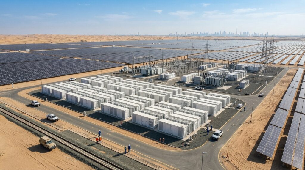 Grande parque solar no deserto de Dubai aparece ao lado de um sistema industrial de baterias.