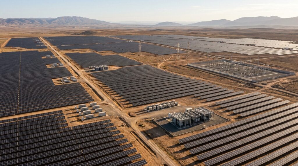 Extenso parque fotovoltaico ocupa o platô de Midelt, no Marrocos.