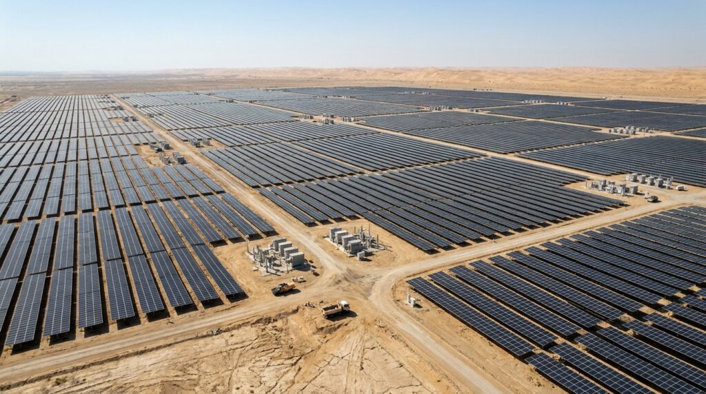 Grande parque solar no deserto de Abu Dhabi aparece integrado a um enorme sistema de baterias.