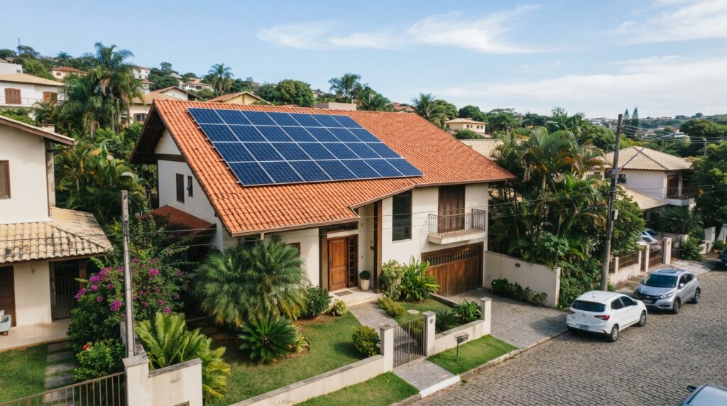 Casa residencial com painéis solares instalados no telhado para gerar eletricidade a partir da luz do sol.