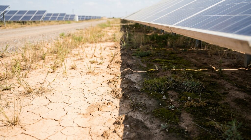 Solo exposto ao sol é comparado com área sombreada sob painéis solares no mesmo parque.