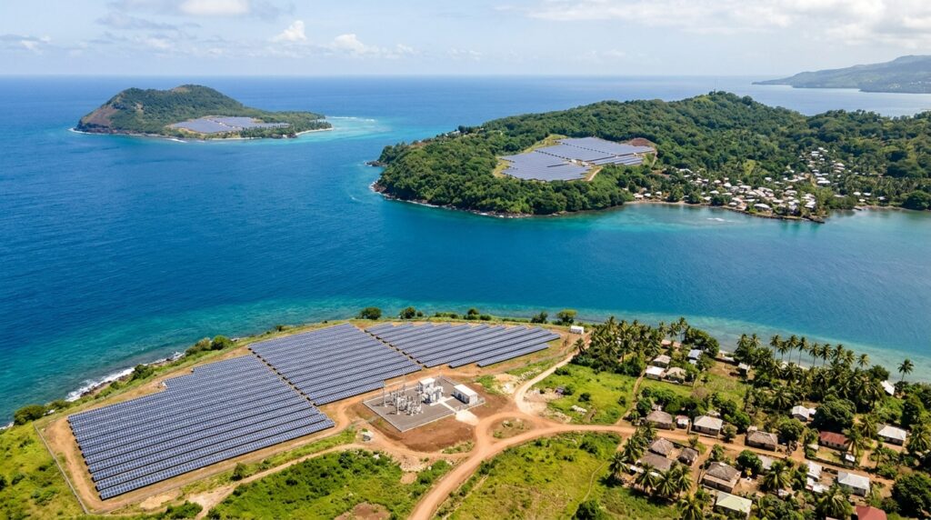 Três usinas solares aparecem distribuídas por diferentes ilhas do arquipélago das Comores.