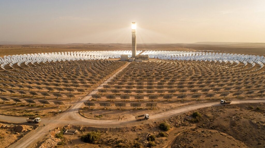 Campo com milhares de heliostatos direciona a luz do Sol para o topo de uma torre central.