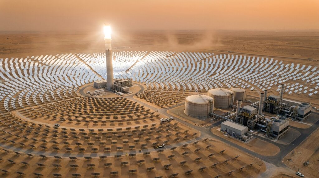 Torre solar de 263 metros recebe luz refletida por milhares de espelhos em um complexo de armazenamento térmico em Dubai.