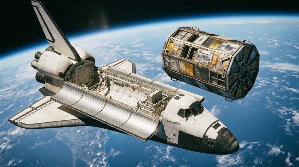 Ônibus espacial se aproxima do satélite LDEF em órbita terrestre para realizar a recuperação da plataforma experimental.