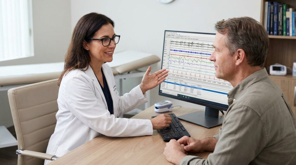 Médico especialista em sono analisando registros de polissonografia durante uma consulta com um paciente.