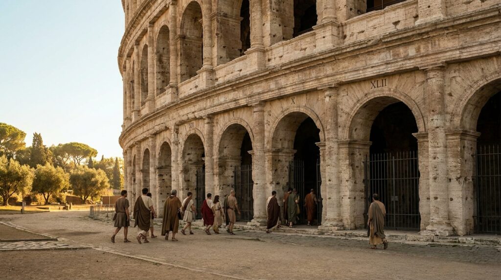 Fachada do Coliseu de Roma com fileiras de arcos que funcionavam como acessos ao monumento.
