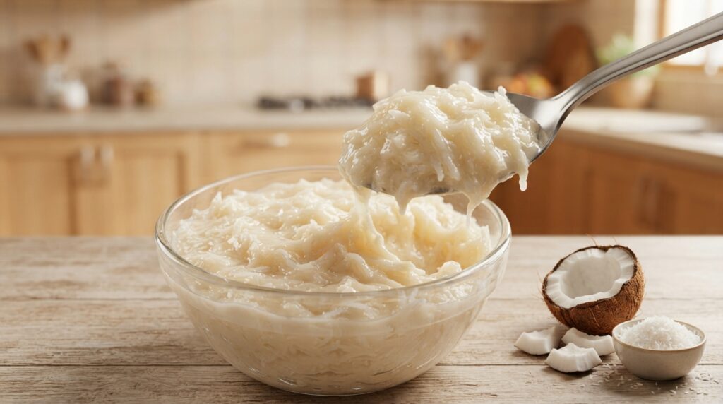 Cocada cremosa branca servida em pote de vidro, com uma colher levantando uma porção macia e fios de coco visíveis.