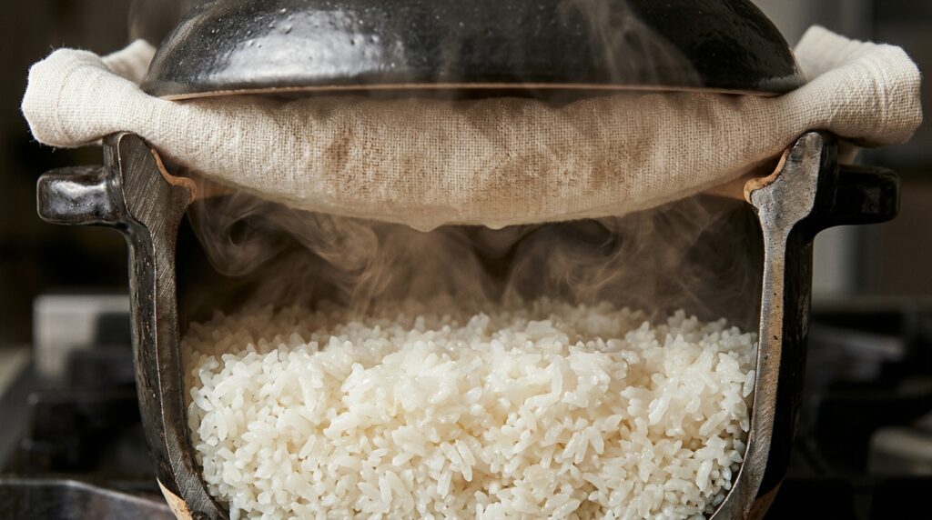 Arroz descansa fora do fogo por alguns minutos antes de ser solto delicadamente com um garfo.