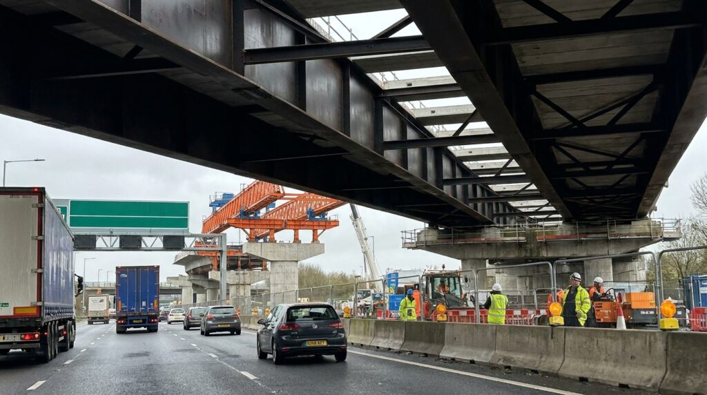 Carros trafegam sob o viaduto durante o lançamento sobre a M6.