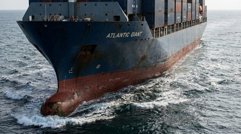 Casco de um navio cargueiro deslocando água do mar enquanto a embarcação permanece flutuando.