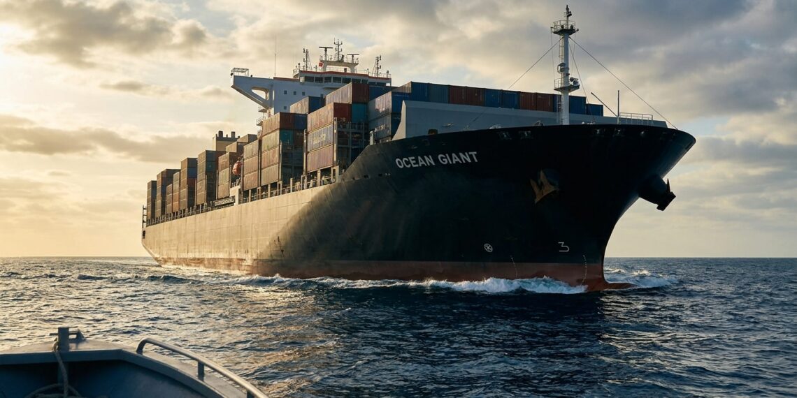 Navio cargueiro gigante de aço flutuando no oceano com parte do casco submersa.