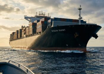Navio cargueiro gigante de aço flutuando no oceano com parte do casco submersa.