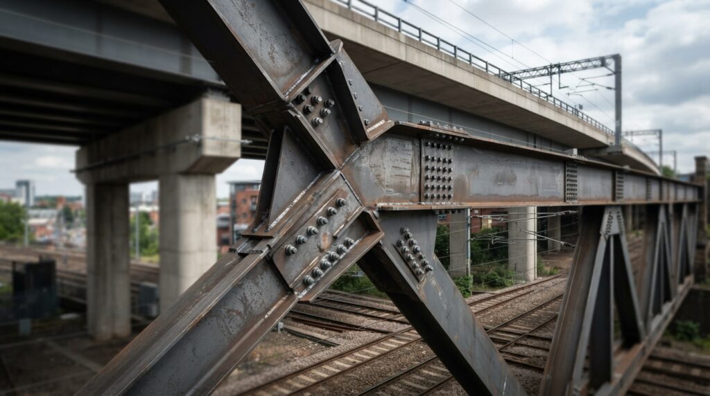 Detalhe de vigas de aço, chapas e parafusos estruturais utilizados na construção de um viaduto ferroviário.