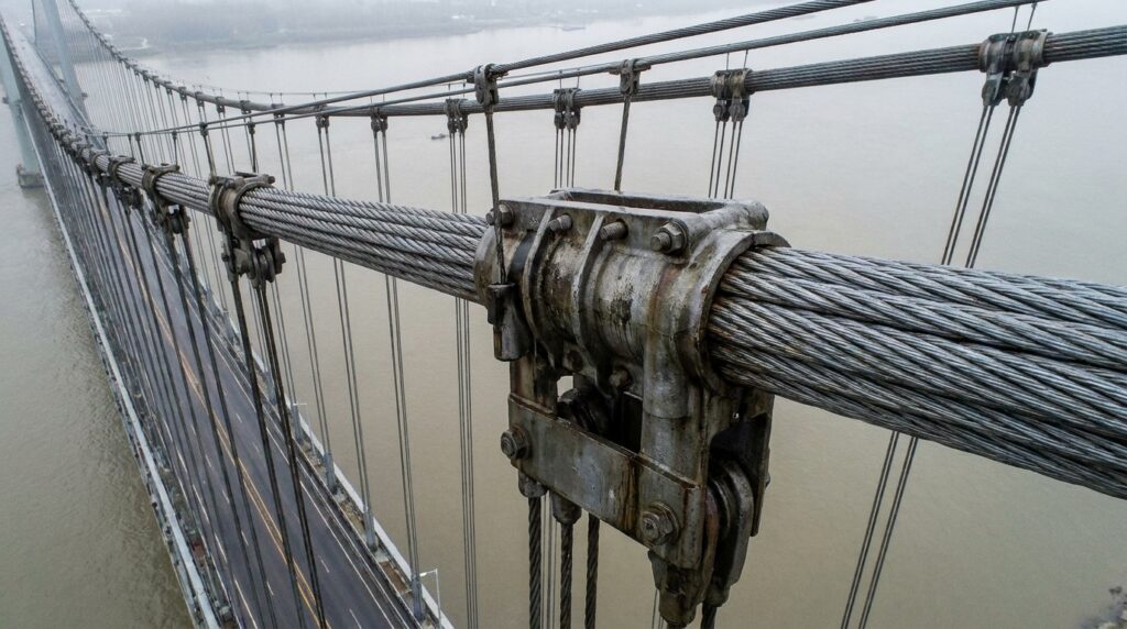 Cabos de aço e tirantes verticais de uma ponte suspensa, com detalhes das conexões metálicas da estrutura.
