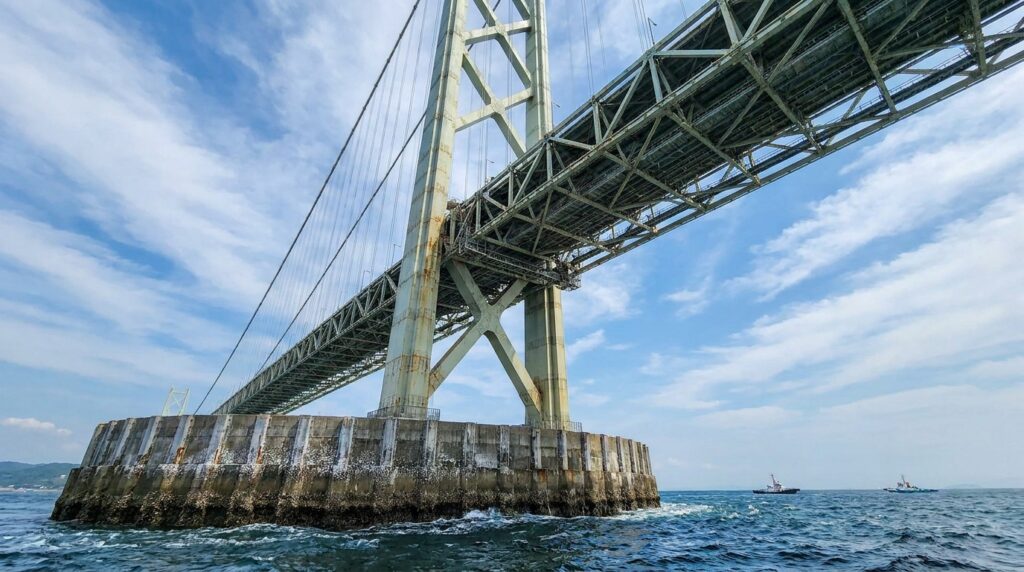 Torre de aço da Ponte Akashi-Kaikyo com estrutura treliçada e fundação de concreto junto ao mar.
