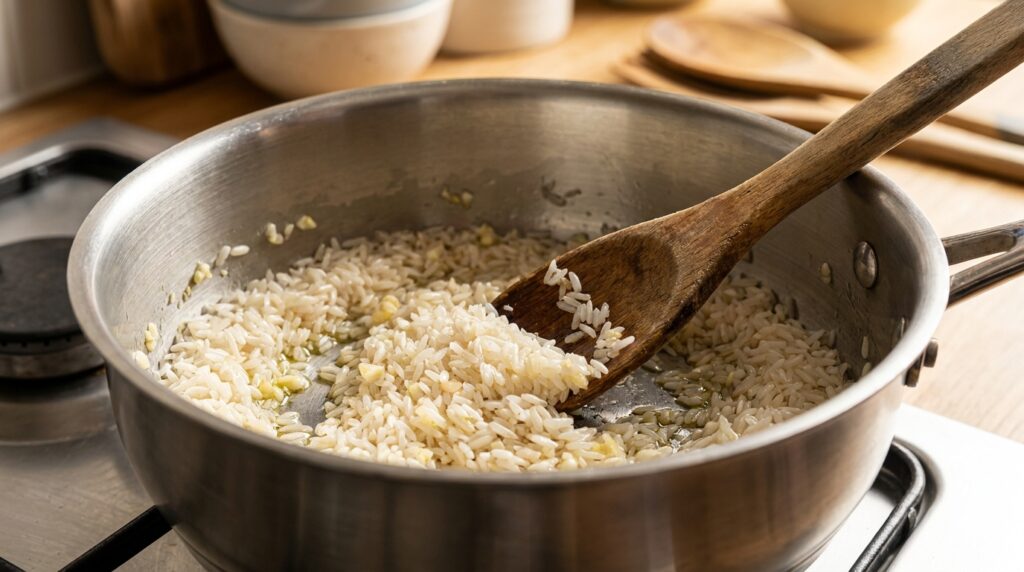 Grãos de arroz refogados com alho e um pouco de óleo antes da adição de água.
