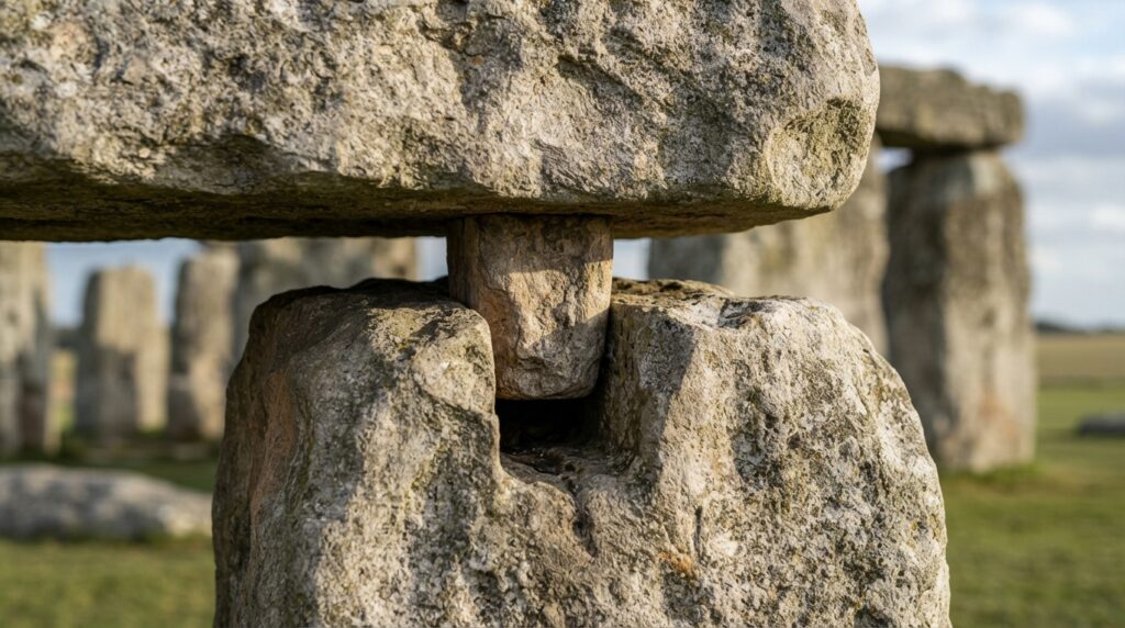 Detalhe dos encaixes de espiga e cavidade entre os grandes blocos de pedra de Stonehenge.