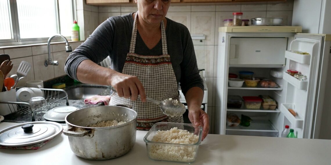 Pessoa colocando arroz cozido em um recipiente raso para armazenar as sobras com segurança.