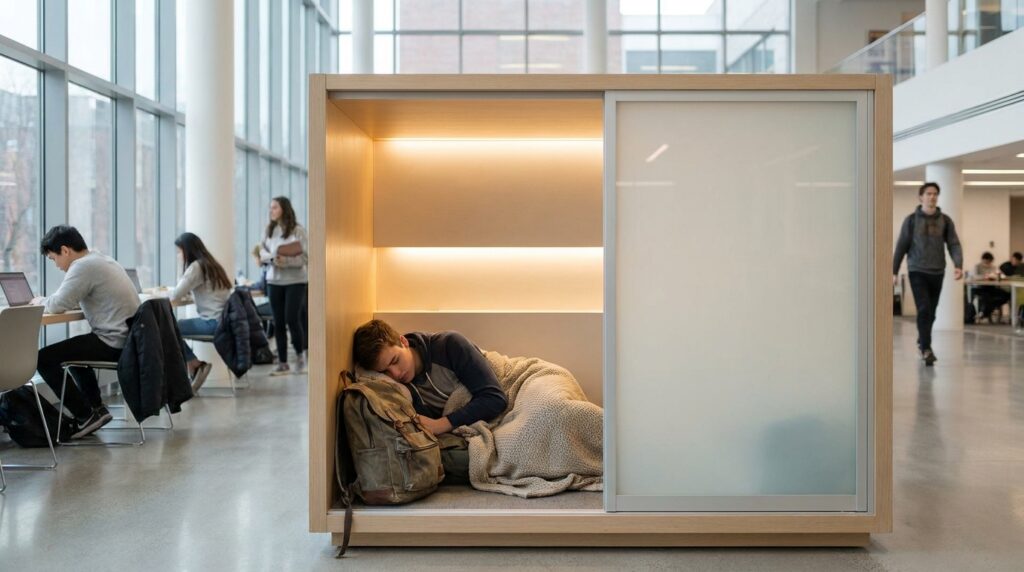 Student_napping_in_sleep_pod_bd08dda2-1024x572 Universidade cria cápsulas para cochilos durante o dia e coloca em pauta o cansaço de estudantes que passam horas no campus