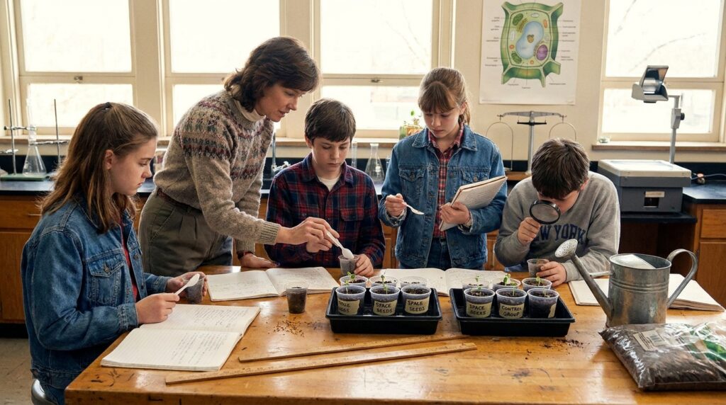 Estudantes plantam sementes de tomate em sala de aula para comparar o crescimento de amostras experimentais e de controle.