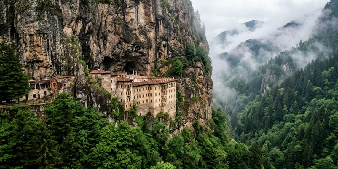 Mosteiro de Sumela, na Turquia, construído na encosta vertical de uma montanha acima de um vale arborizado.