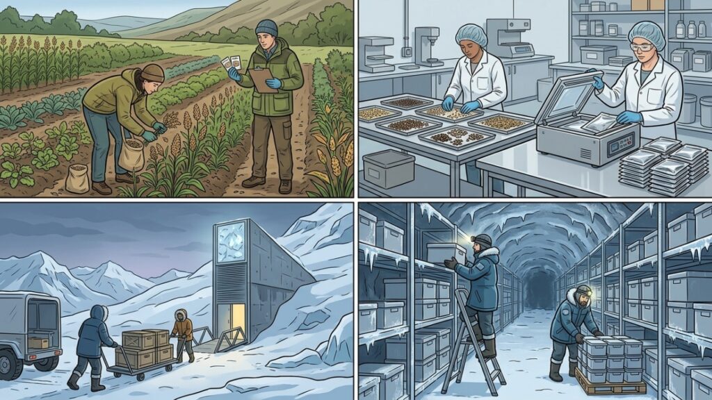 Svalbard_seed_vault_process_illu%E2%80%A6_20261009124734-1024x576 Dentro de uma montanha no Ártico, uma instalação já guarda mais de 1,4 milhão de amostras de sementes como cópias de segurança da agricultura mundial