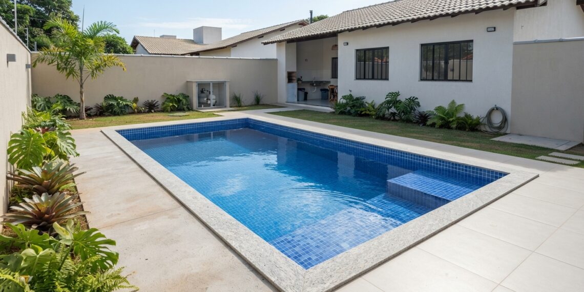 Piscina retangular de alvenaria com revestimento azul e bordas de pedra em um quintal residencial.