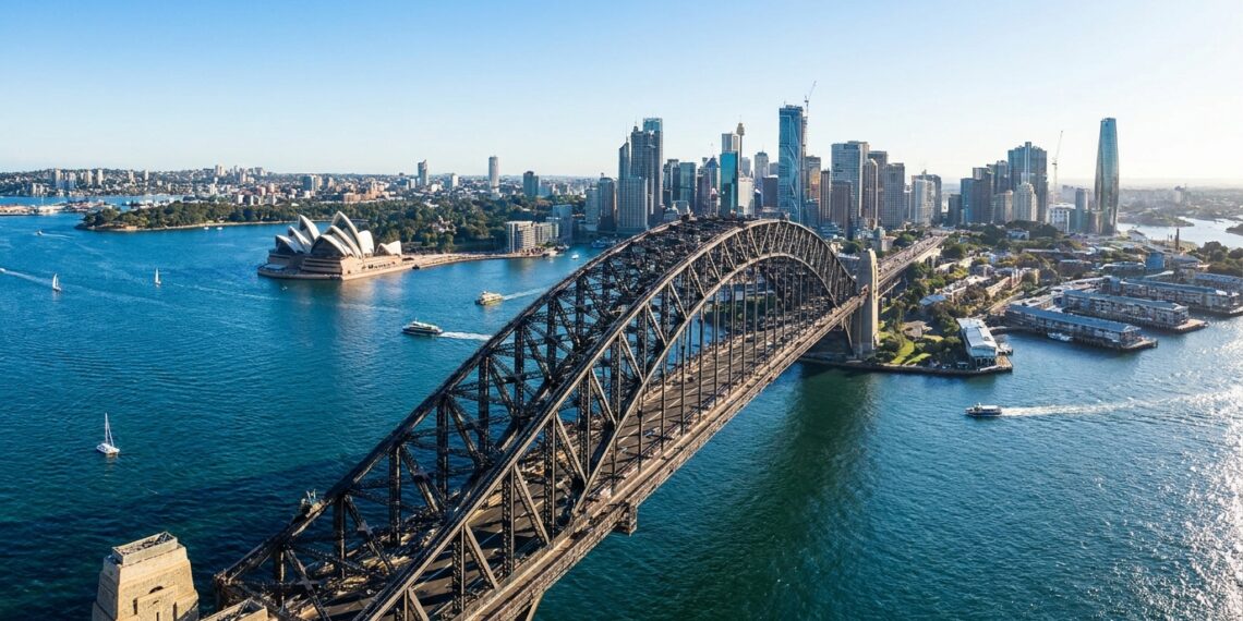 Sydney Harbour Bridge atravessa o porto de Sydney com a Ópera de Sydney e a cidade ao fundo.