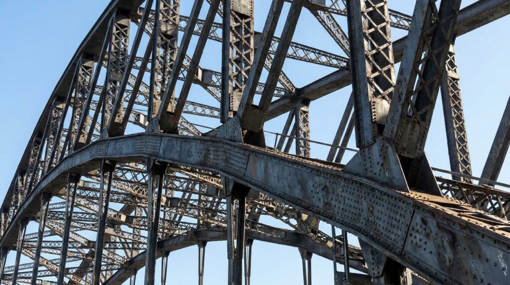 Detalhe das vigas de aço e das conexões metálicas da estrutura em arco da Sydney Harbour Bridge.