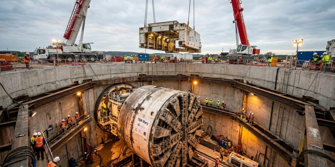 TBM Mary é desmontada e girada dentro de um poço subterrâneo apertado.