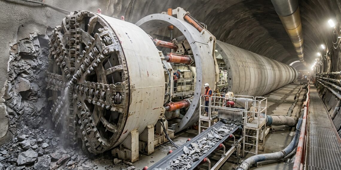 TBM Alessia escava a rocha enquanto instala anéis de concreto atrás da cabeça de corte.