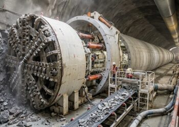 TBM Alessia escava a rocha enquanto instala anéis de concreto atrás da cabeça de corte.