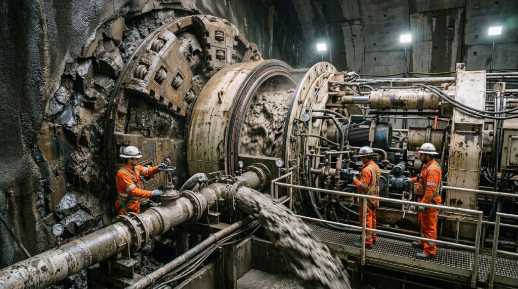 Braço mecânico instala aduelas de concreto atrás da tuneladora sob o Canal do Panamá.