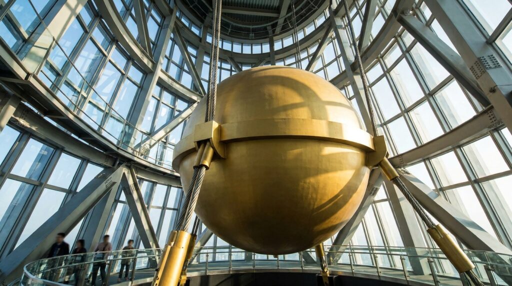 Esfera de aço de 660 toneladas suspensa dentro do arranha-céu Taipei 101, em Taiwan.