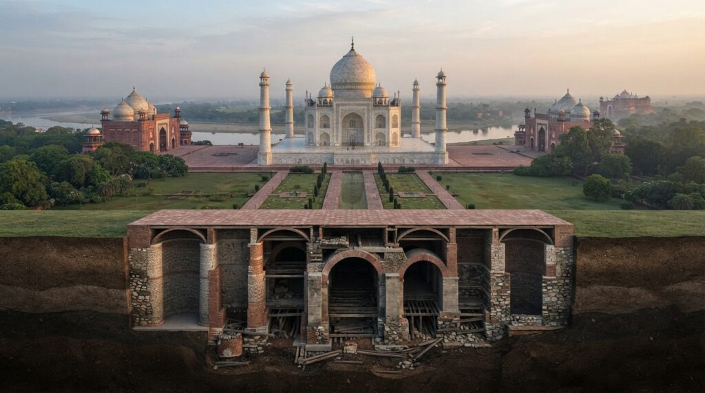 Taj Mahal junto ao rio Yamuna com ilustração conceitual dos poços, pilares e arcos de suas fundações subterrâneas.