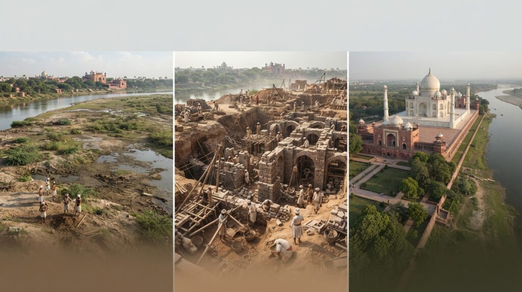 Três cenas ilustram o terreno próximo ao Yamuna, a construção das fundações e o Taj Mahal concluído sobre sua plataforma.