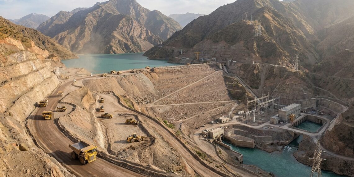 Barragem de Rogun ainda em construção enquanto já opera parte da geração hidrelétrica.